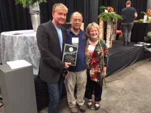 Renee Meritorious Service Award Winner René Van Rems AIFD, PFCI with CSFA President Wilton Lee CCF and CSFA EVP Ann Quinn